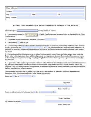 Affidavit of Retirement andor Cessation of the Practice of Medicine Form