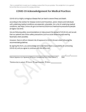 Covid-19 Acknowledgement for Medical Practices