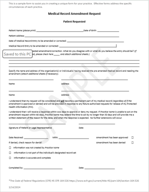 Patient Request to Amend the Medical Record Form