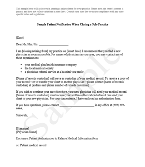 Sample Patient Notification When Closing a Practice Letter
