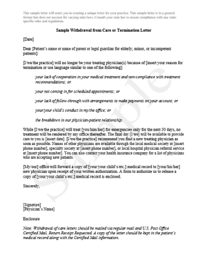 Sample Withdrawal From Care or Termination Letter
