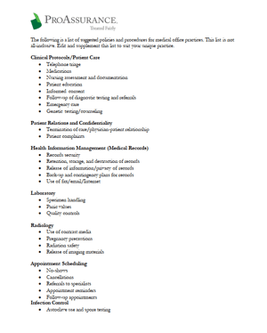 Suggested Topics for Policy and Procedure Manuals