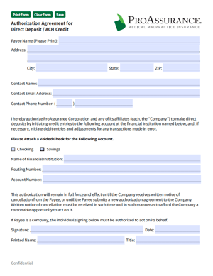 Authorization Agreement for Direct Deposit of Disbursements