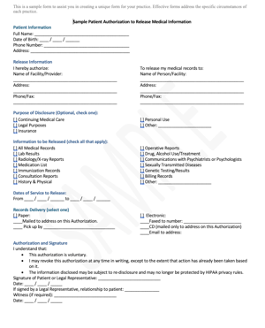 Sample Patient Authorization to Release Medical Information Form